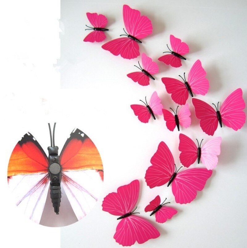 12 Stks/set Kleurrijke 3D Vlinders Muursticker Mooie Vlinder Sticker Met Magneet Voor Kid Kamer Muurstickers Home Decoratie: 01-Rose Red