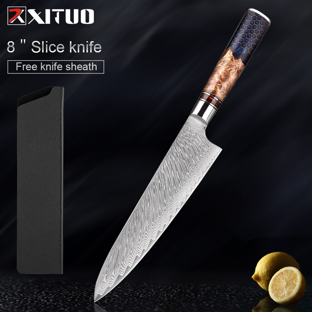 XITUO-Juego de cuchillos de cocina de acero damasco, 67 capas, afilados, duraderos, cuchillo de corte multifuncional, mango de panal de resina azul: 8 inch Chef  knife