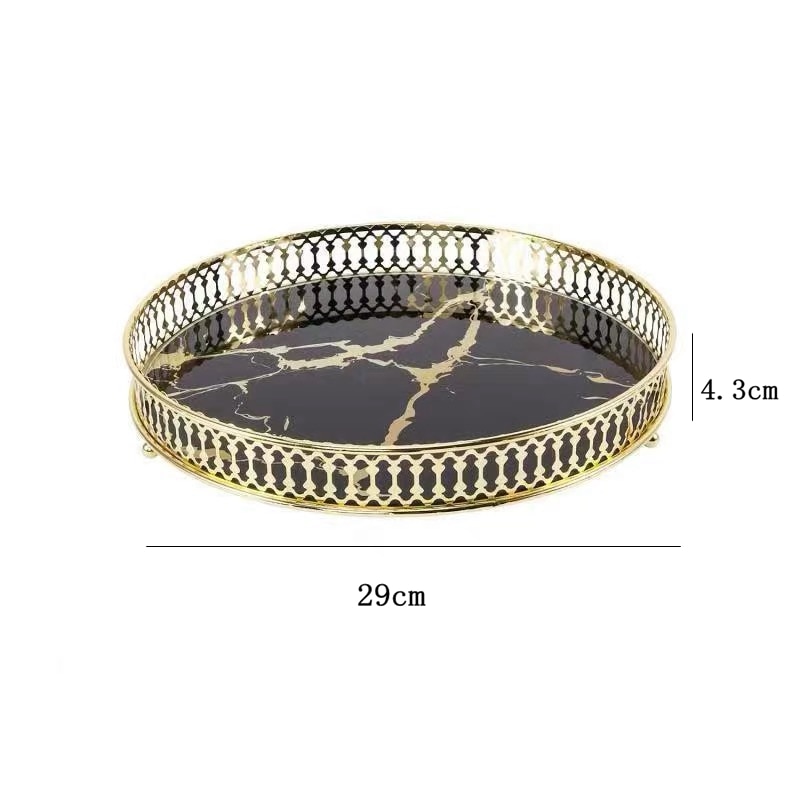 Shiny gold plated Round Serving Tray Jewelry Storage Luxury Marble Home Decoration Organizer Display