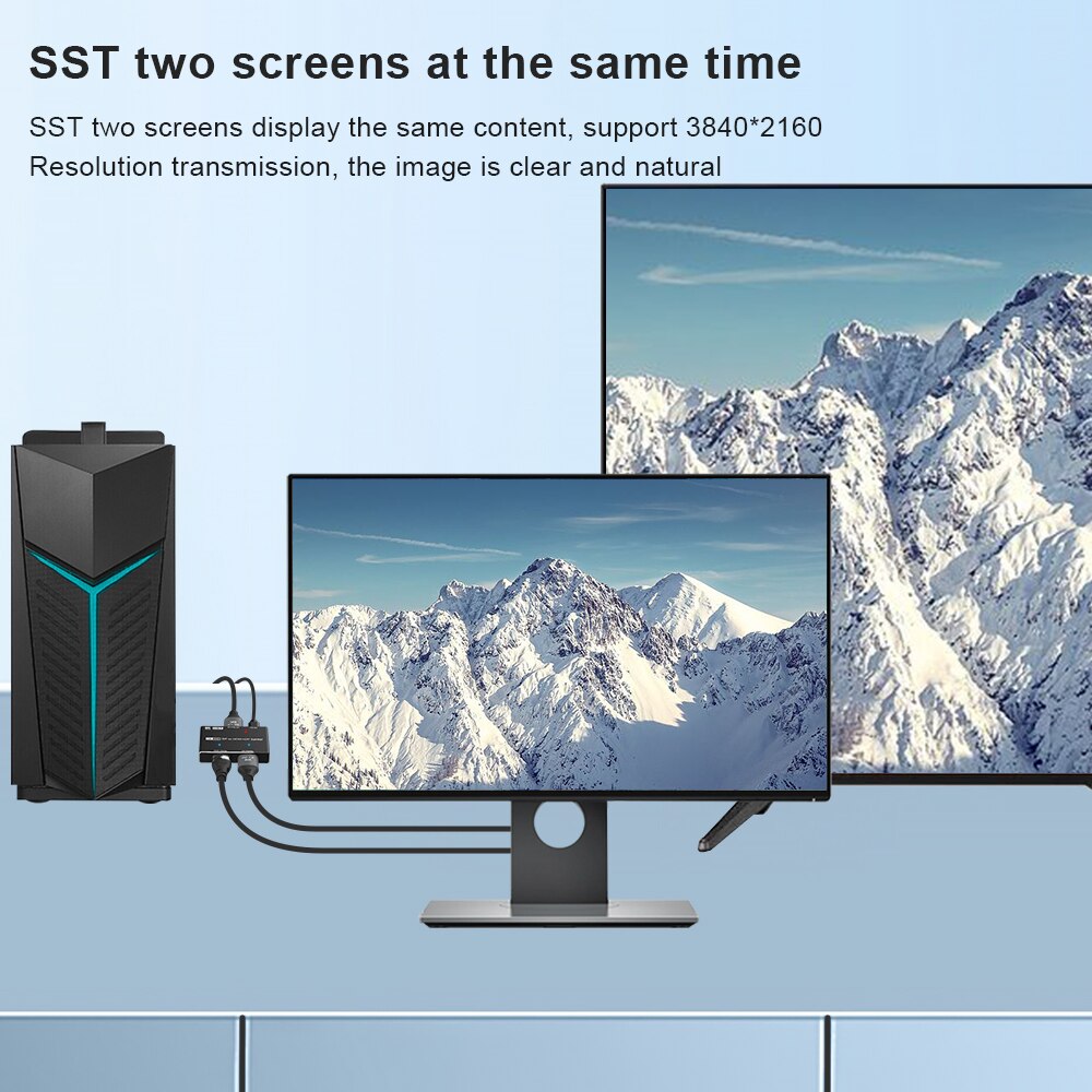 UHD Video Splitter Displayport to Displayport 1.4&amp;HDMI 2.1-Compatible 1x2 MST SST Hub 8K@30Hz 4K@120Hz 2K@240Hz 3D HDR 4:4:4