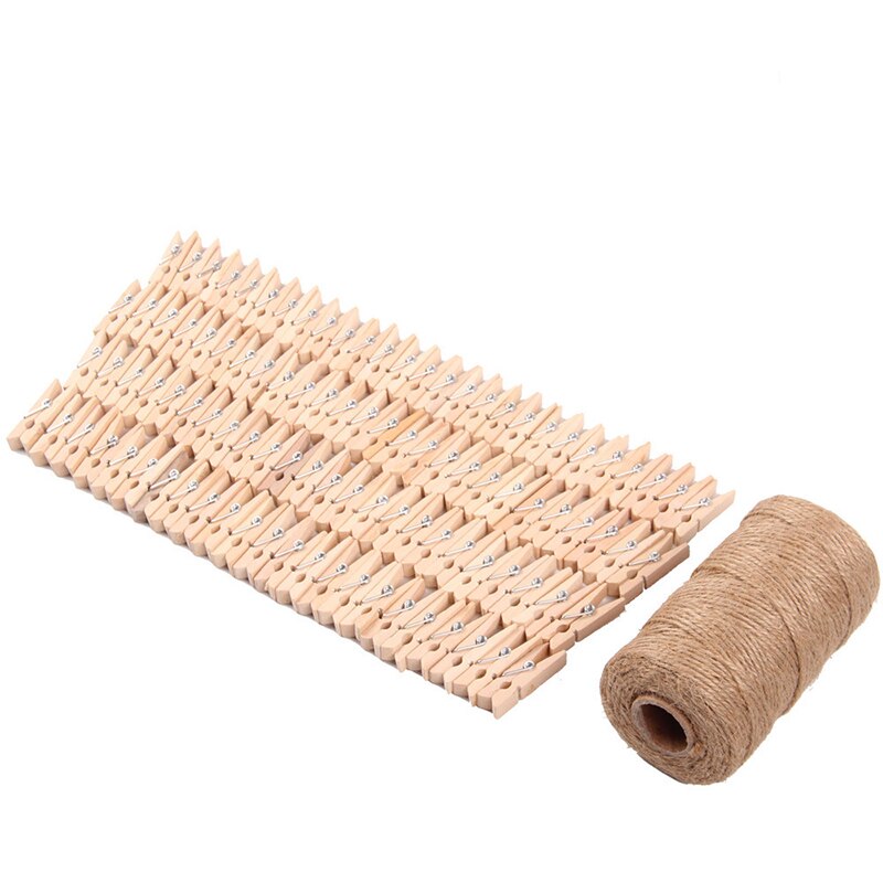 Pinza para fotos de madera de 100 Uds., pinza de madera decorativa, cuerda de cáñamo de 100 yardas, pinzas para ropa de almacenamiento para el hogar, pinzas decorativas