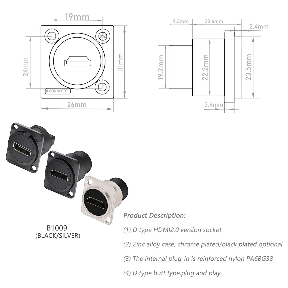 Conector HDMI para chasis, adaptador de alimentación con enchufe hembra de tipo D montado en panel, 1 unidad