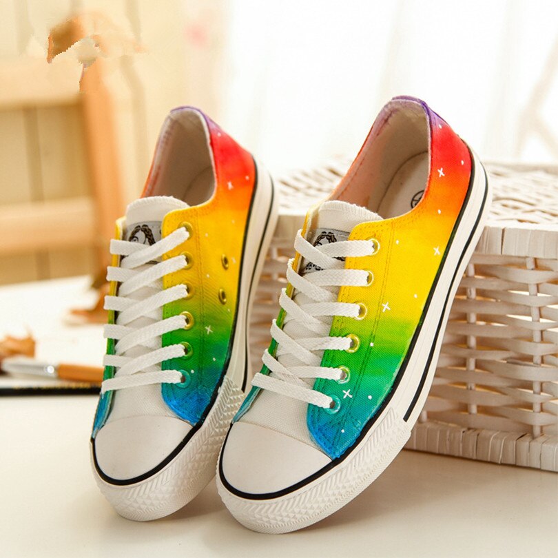 Rainbow Shoes Women harajuku Lovers Rainbow Canvas Shoes Lace up Adult Casual Colorful Shoes Woman platform Flat