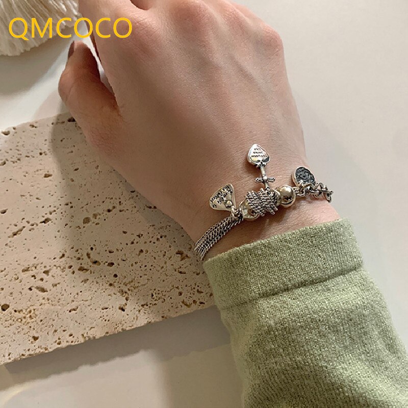 Qmcoco vintage punk sølv farve hjerte-form cirkel vedhæng armbånd fine smykker trendy kæde armringe fest pige