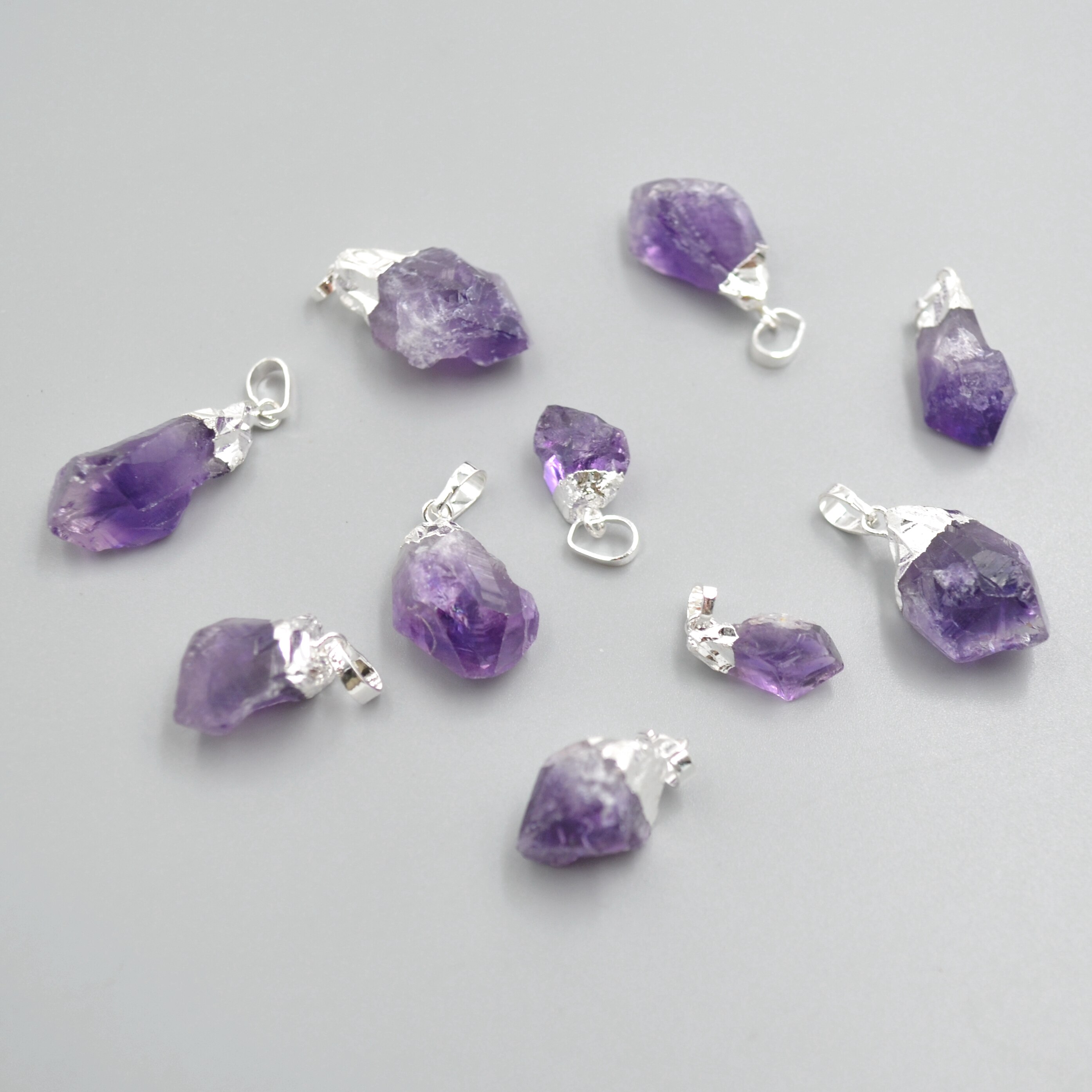 Amethysts agates pendants with silvery electroplated ,purple crystral quartz charms