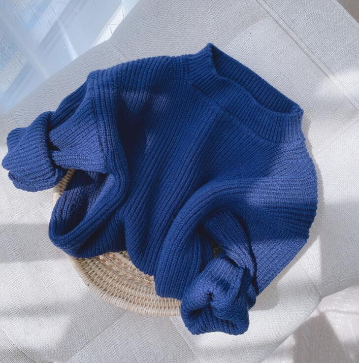 Girls Boys Knitted Sweaters Autumn Winter Full Sleeve Kids Pullover Sweater 0-6 Years QV890: Blue