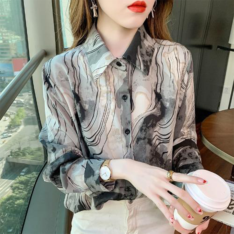 Spring Autumn Lapel Vintage Tie Dye Blouse Femme Long Sleeve Single Breasted Print Chiffon Shirt All-match Casual Blusa: S / GRAY