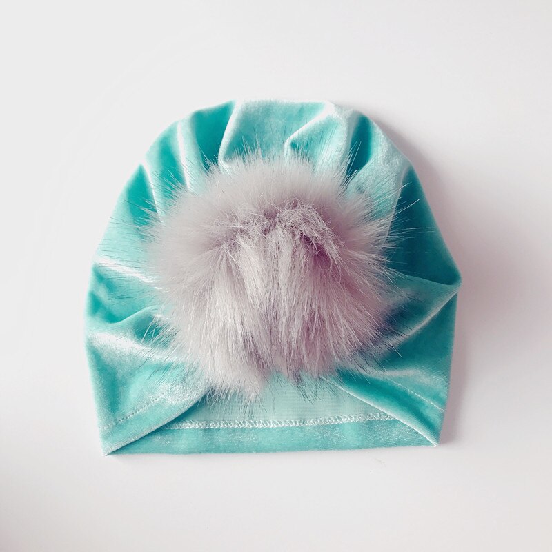 Baby turban hattar vår höst barn sammet mössor barn mössa pompom päls hatt varm flicka mössor: Ljusgrön