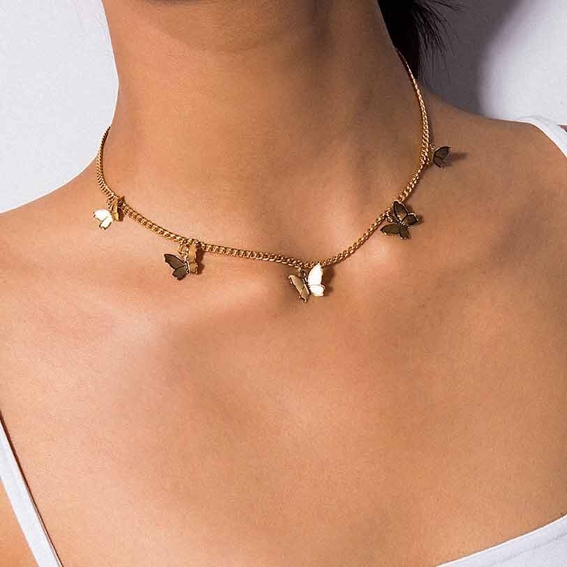 Vintage Metallic Goldene Große Kette Halskette frauen Schmuck Gold Kette Schmetterling Anhänger Halsband Halskette Collier Billig: GD