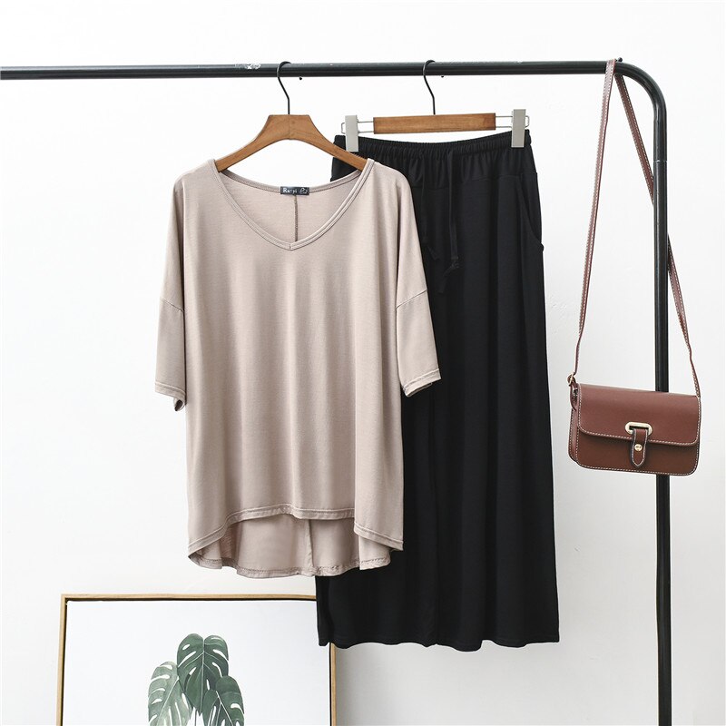 Pliktea Pyjamaset - Dames V-Hals T-shirt & Lange Broek - Effen Modal Spandex: Khaki