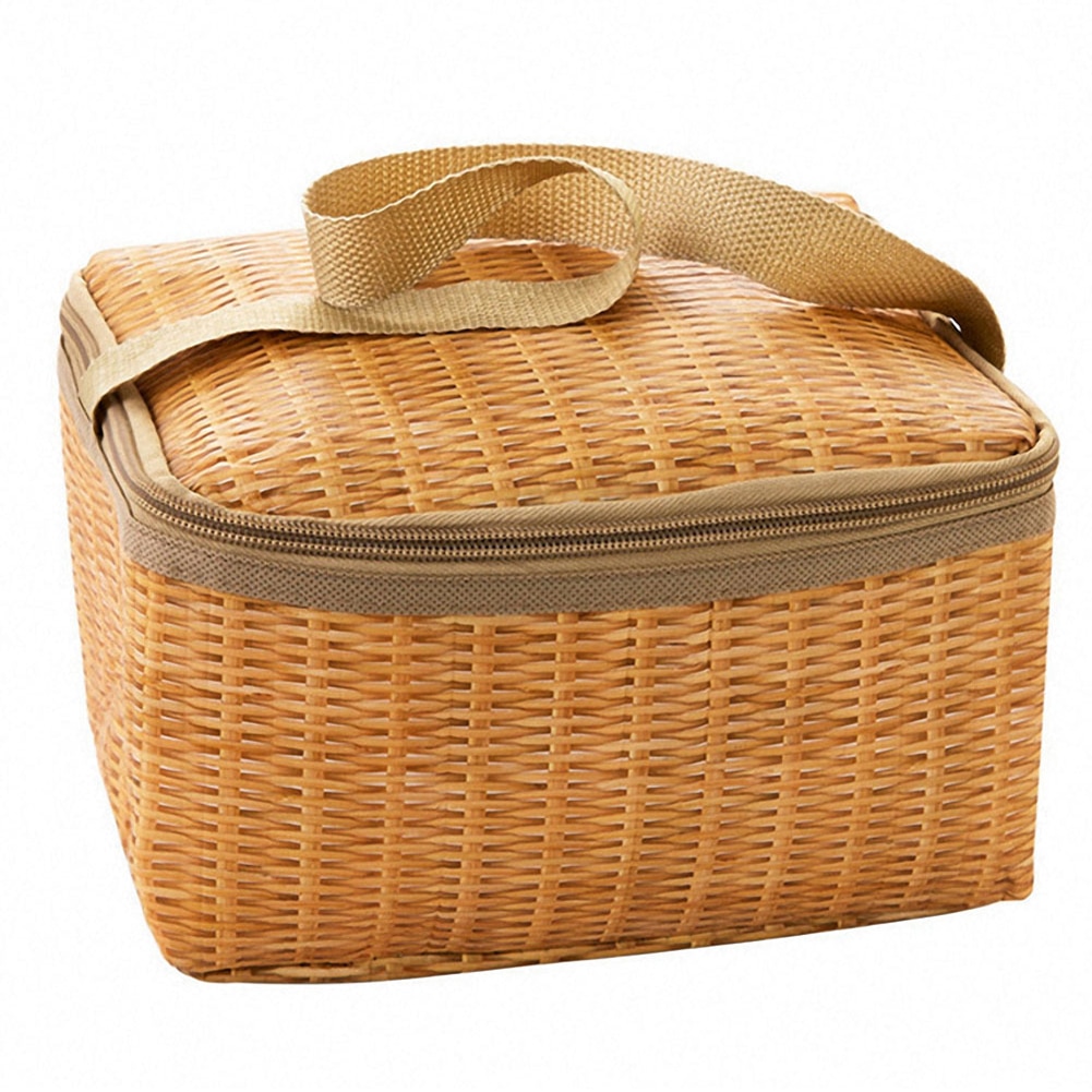 Thermische Koeler Outdoor Rieten Rotan Picknick Tas Dragen Ressiatant Lunchbox Camping Manden Met Riem Rits 22x14x12cm