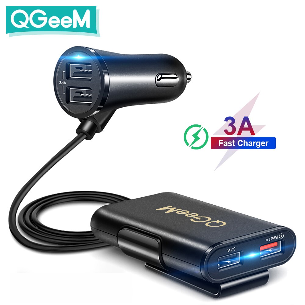 QGEEM 4 USB QC 3,0 Auto Ladegerät Schnell Ladung 3,0 Telefon Auto Schnelle Vorderseite Rückseite Ladegerät Adapter Auto Tragbare Ladegerät stecker für iPhone