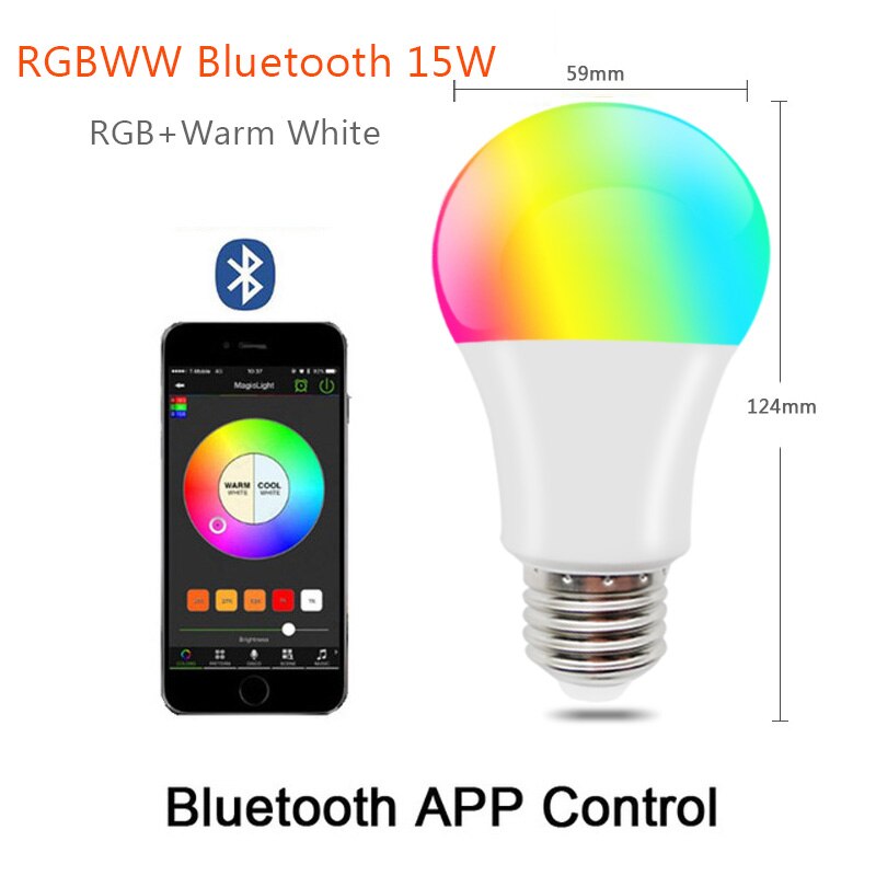 Ampoule LED E27 RGBW RGBWW Bluetooth 15W, Lampada 110V 220V, lampe RGB aux couleurs changeantes, avec contrôle par application Bluetooth: RGBWW Bluetooth 15W