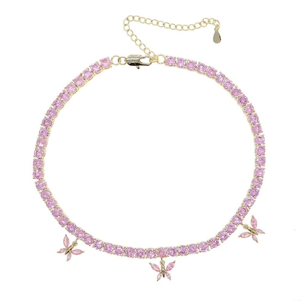 Pinky Pink Butterfly Necklaces Women Hiphop Bling Iced Out CZ Tennis Chain Cherry Chkoer Luxury Rose Gold Color Jewelry: Gold-color