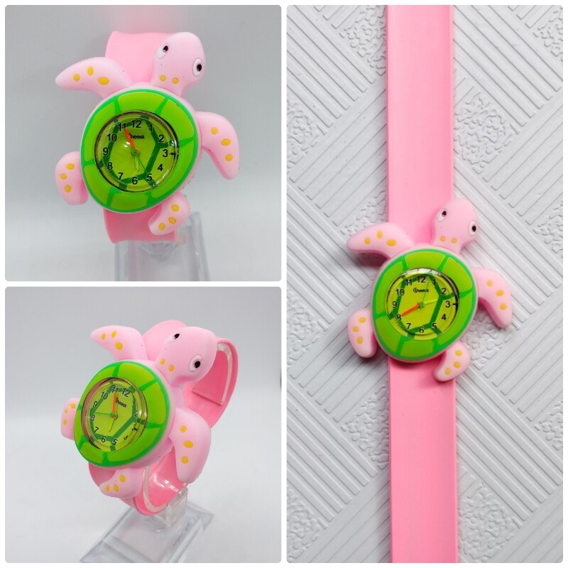 4 blandet tegneserie bi enhjørning mønster børn ure skildpadde slap pat ring ur børn quartz sport armbåndsur drenge piger ur: Skildpadde pink