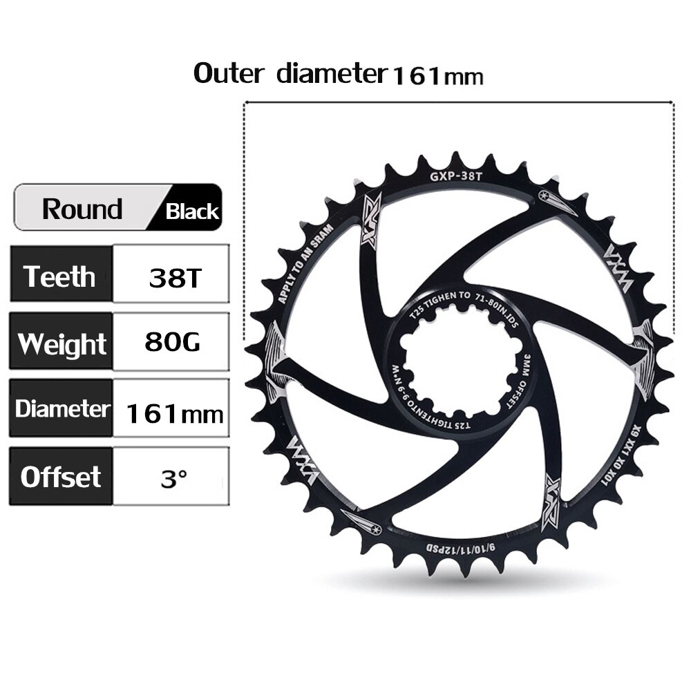 Vxm mtb fiets kettingblad smal breed fiets 30t/32t/34t/36t/38t kettingbladen voor sram 8/9/10/11/12s nx xx xo gx gxp 11 x1 offset 3mm: 38t ronde gxp