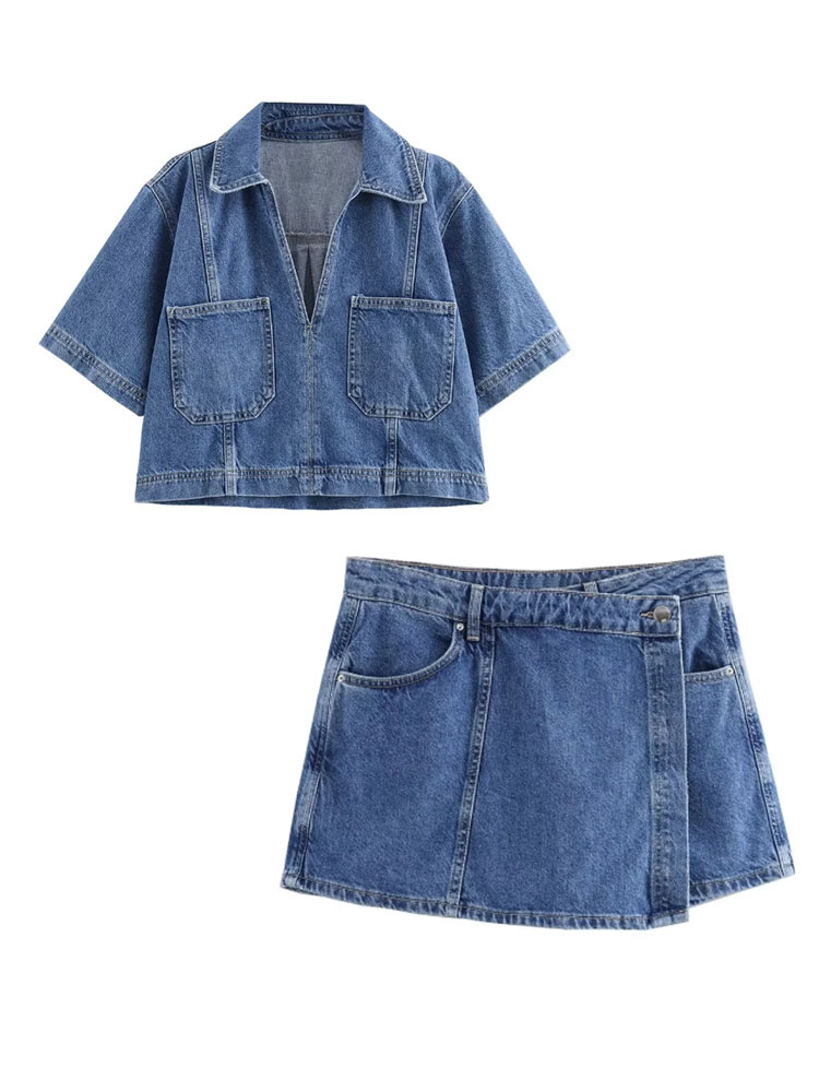 Sommer denim todelt sæt korte ærmer lommer dame top mini nederdel shorts afslappet dame 2 sæt  y2k