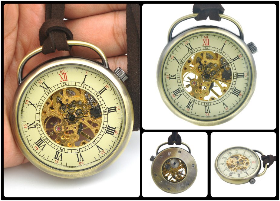 SHUHANG Mens Skeleton Zakhorloge Mechanische Beweging Hand Wind Romeinse Cijfers Vintage Stijl Reloj De Bolsillo: H091