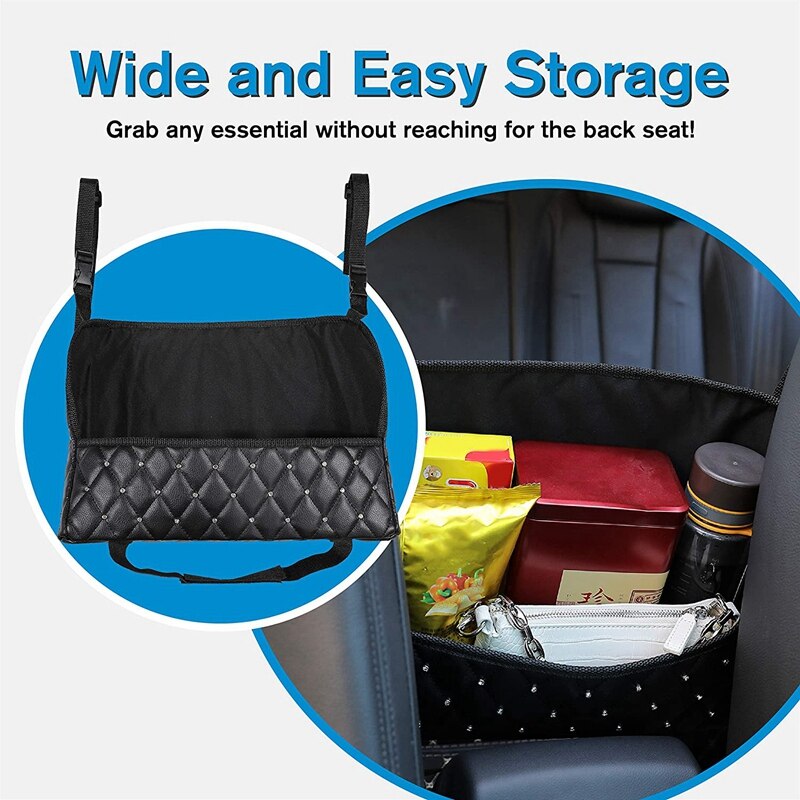 Car Seat Storage and Handbag Holding Car Net Pocket Handbag Holder Hanging Storage Bag Between Car Seats (Black+Diamond)