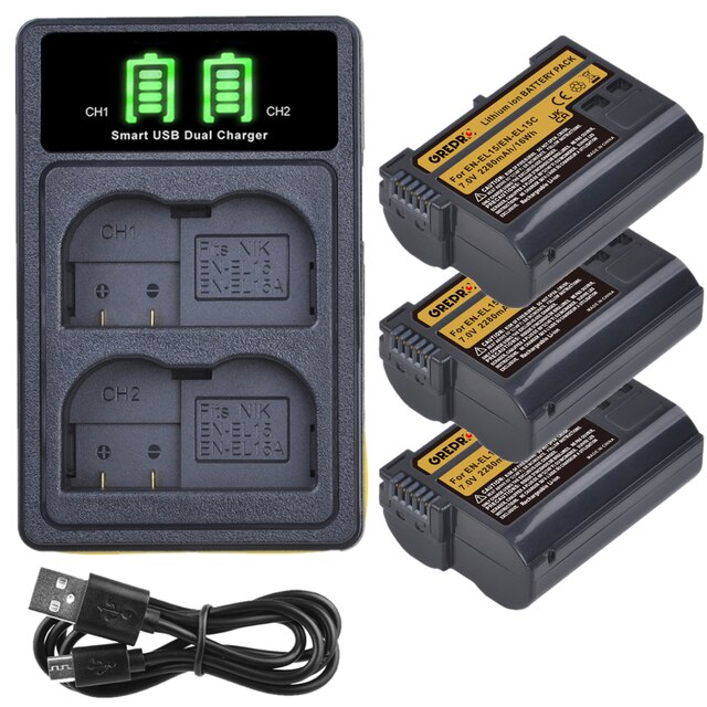 Batterie EN-EL15C EN-EL15B EN-EL15 + chargeur avec Port type-c, pour appareil photo Nikon Z5 D850 Z6 Z7 D780 D750 D810 D7000 D7500 Z6 ii: 3Battery and Charger