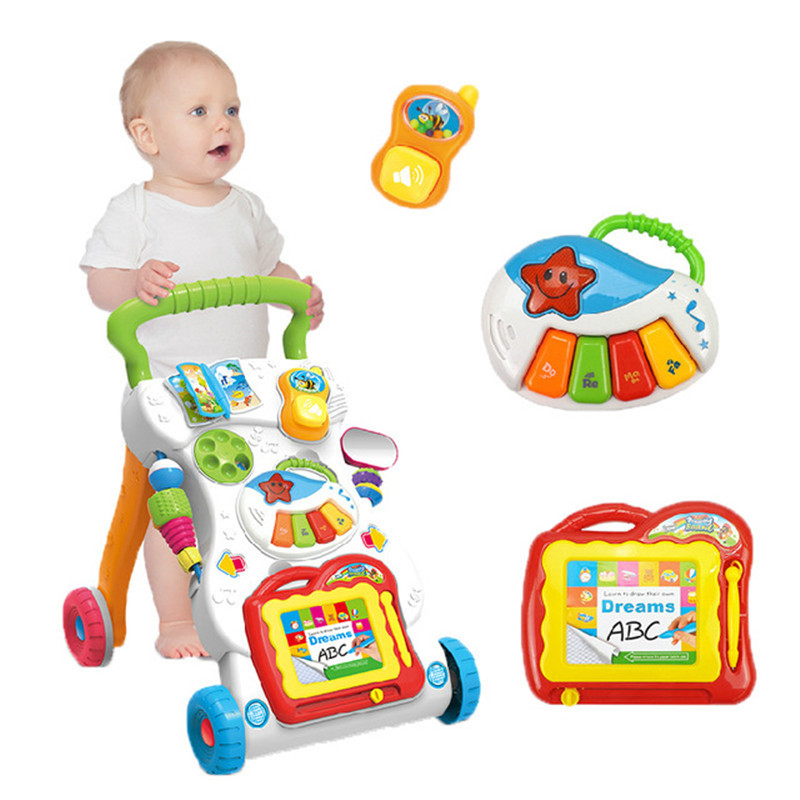 Baby walker vogn børnemusik rollator justerbar hastighed anti-rollover legetøj