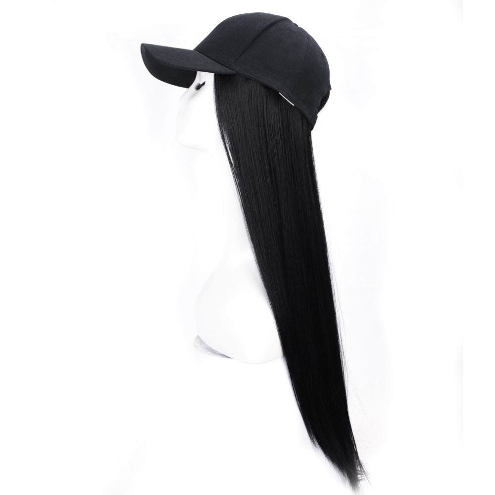 MODERN QUEEN Baseball Cap Hair Wig Long Synthetic Straight cap Hair Wigs Naturally Connect Synthetic Hat Wig Adjustable for Girl: Natural Black