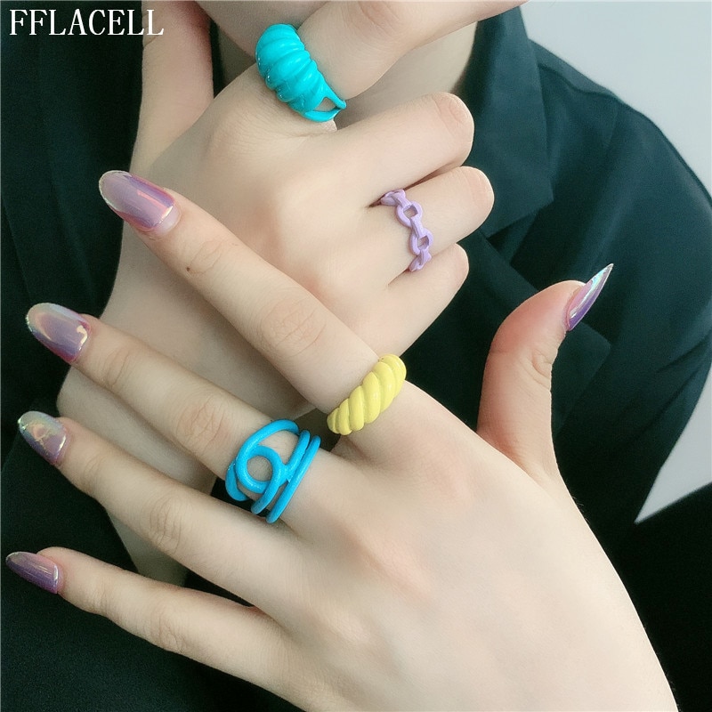 FFLACELL , nueva de Corea, anillos abiertos irregulares pintados a mano con Anillos geométricos de aceite de goteo colorido a la para mujer, joyería de