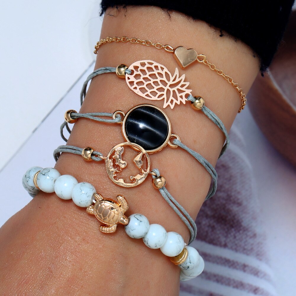 Boho Rose Kaart Armbanden & Armbanden Voor Vrouwen Bohemian Ronde Kralen Charm Armband Set Multilayer Accessoires Bijoux: DCSL-05