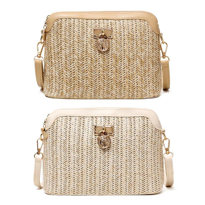 Kvinnor halmväska vävd crossbody snygg chic pu läder boho shopping strand bambu kvinnliga damer skal axelväska