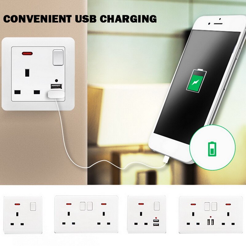 Double Wall UK Plug Socket 2 Gang 13A With 2 USB Charger Port Outlet Plate For Home Office