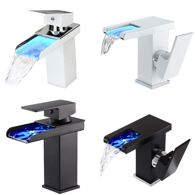 LED Waterfall Kitchen Bathroom Basin Sink Taps Faucet Temperature Color Change