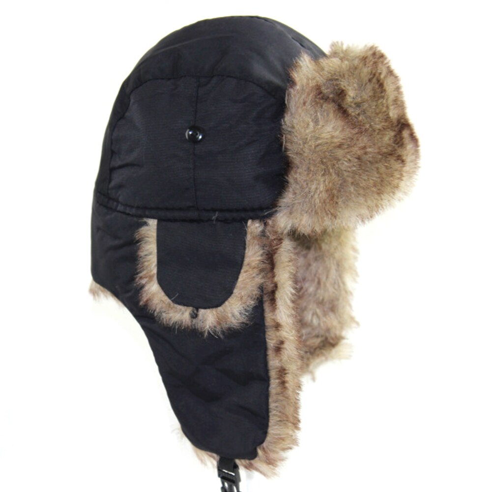 Unisex mænd kvinder russisk hat trapper bomber varm trooper øreklapper vinter ski hat solid fluffy imiteret pels kasket hovedbeklædning motorhjelm: Sort