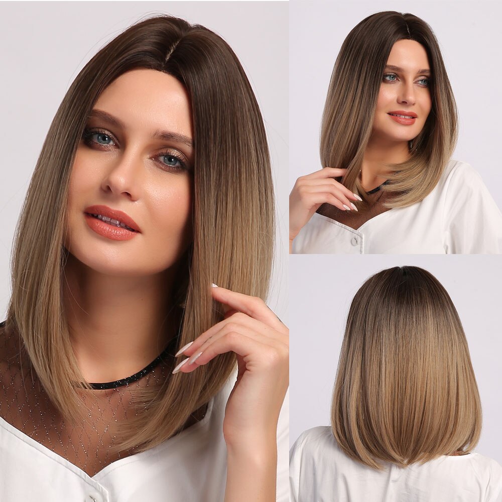 GEMMA Medium Straight Synthetic Wigs Ombre Black Brown Blonde White Highlight Wigs Middle Part Hair for Women Heat Resistant: FLT008
