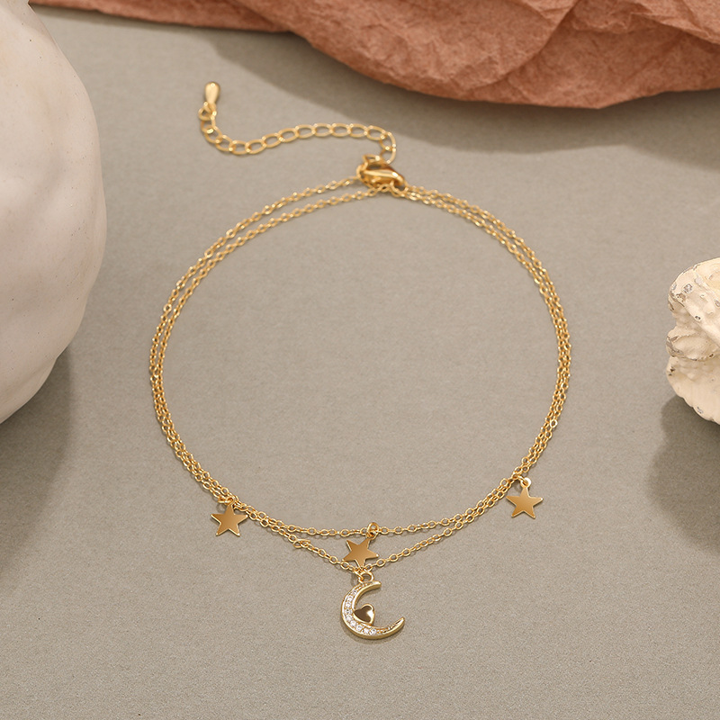 Nuovo cavigliera moda in argento Sterling 925 per donna stelle luna/perla/cuore/perline ciondolo doppio strato catena cavigliera piedi gioielli: 1 piece 27.7cm