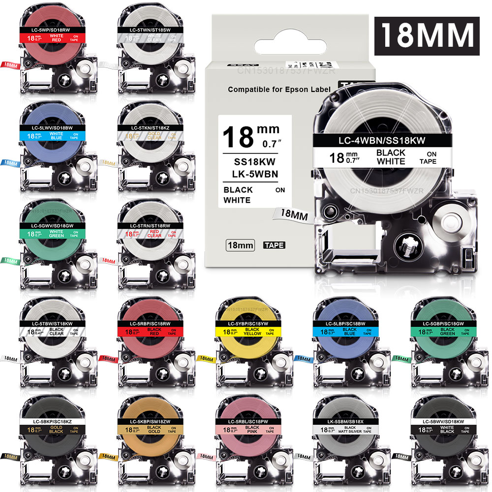 19 farben 18mm * 8m Etikett Band ST18KW SS18KW SC18YW SC18KZ SC18PW Etiketten Band für Epson König Jim tepra Profi Etikett Hersteller Drucker