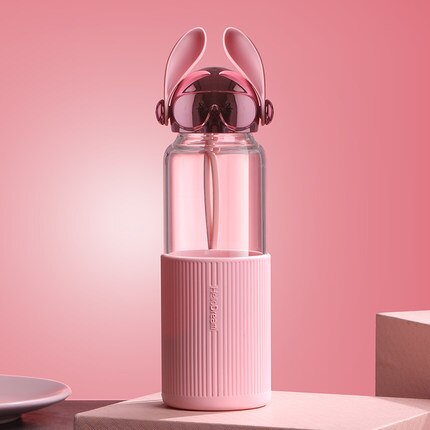 Botellas de agua de vidrio portátiles creativas de dibujos animados con tapa brillante para perro, bonita botella de agua con personalidad para chica estudiante