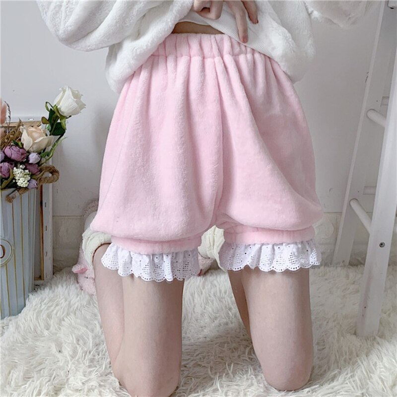 Women Sleep Bottom Spring Summer Kwaii Lace Elastic Waist Loose Homewear Japanese Girls Cute Flannel Pajama Shorts Sleepwear