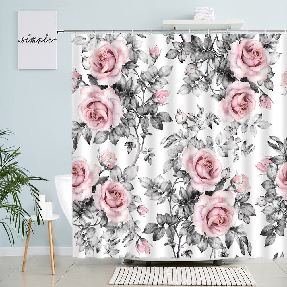 Tende da doccia floreali rosa piante bianche nere tenda da bagno impermeabile Rose dipinti a mano arte fiori tessuto ganci per decorazioni da bagno: Default Title