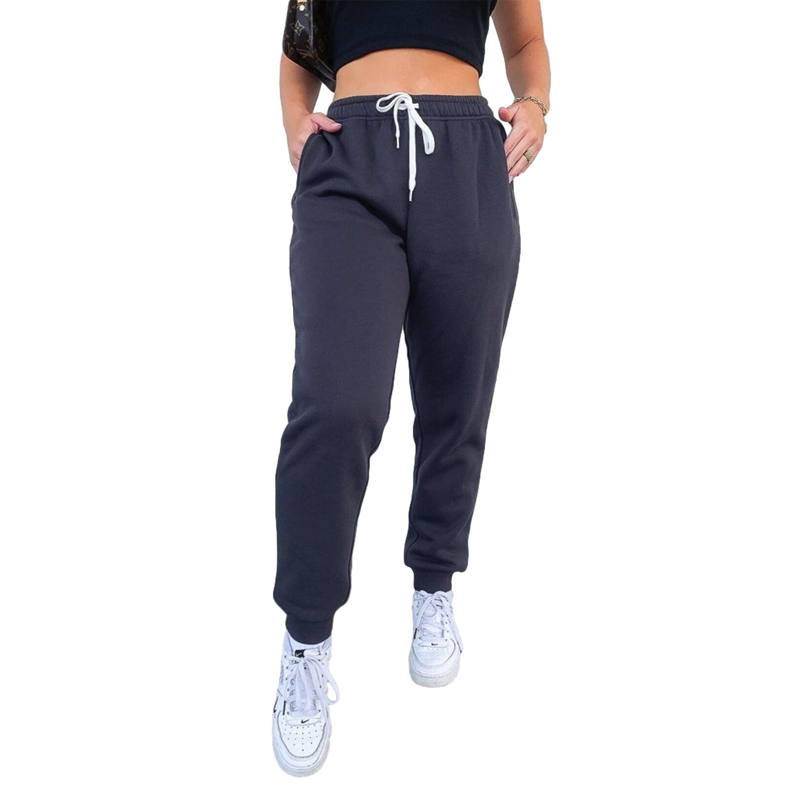 Sweatpants Women's Solid Colors Loose Straight Pants High Waist Casual Sports Fitness Trousers With Fleece-lined Pant: Navy Blue / M