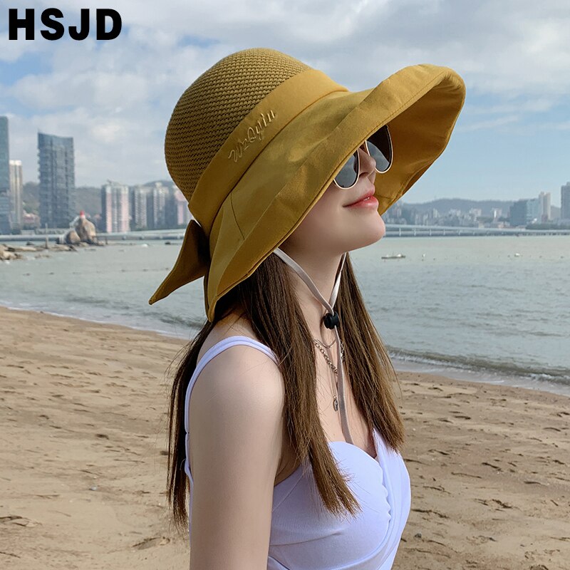 Chapeau de soleil en maille souple pour femmes, seau pliable, à Large bord, nœud papillon, Anti-UV, pour la plage, nouveauté, été,