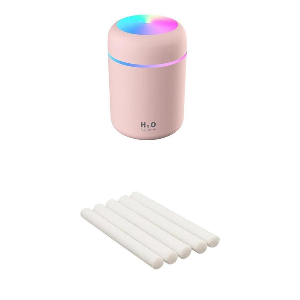300ml Air Humidifier Ultrasonic Mini USB Aroma Essential Oil Diffuser Cool Mist Maker with Colorful Light for Car Home: Pink 5 filters