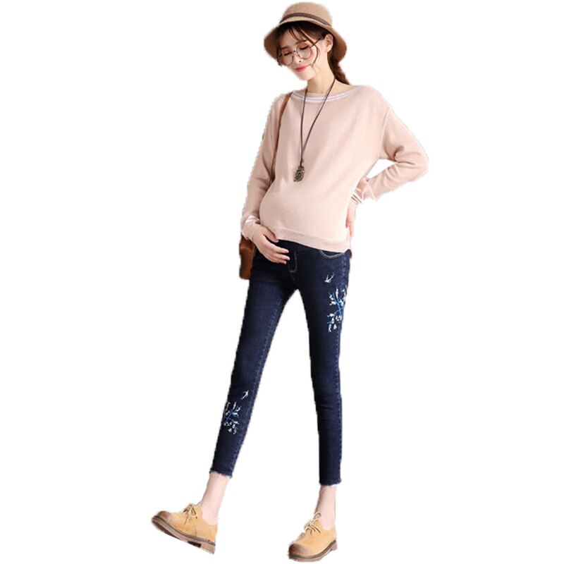Plus størrelse elastisk talje moderskab jeans bukser tøj til gravide kvinder broderi denim graviditet leggings