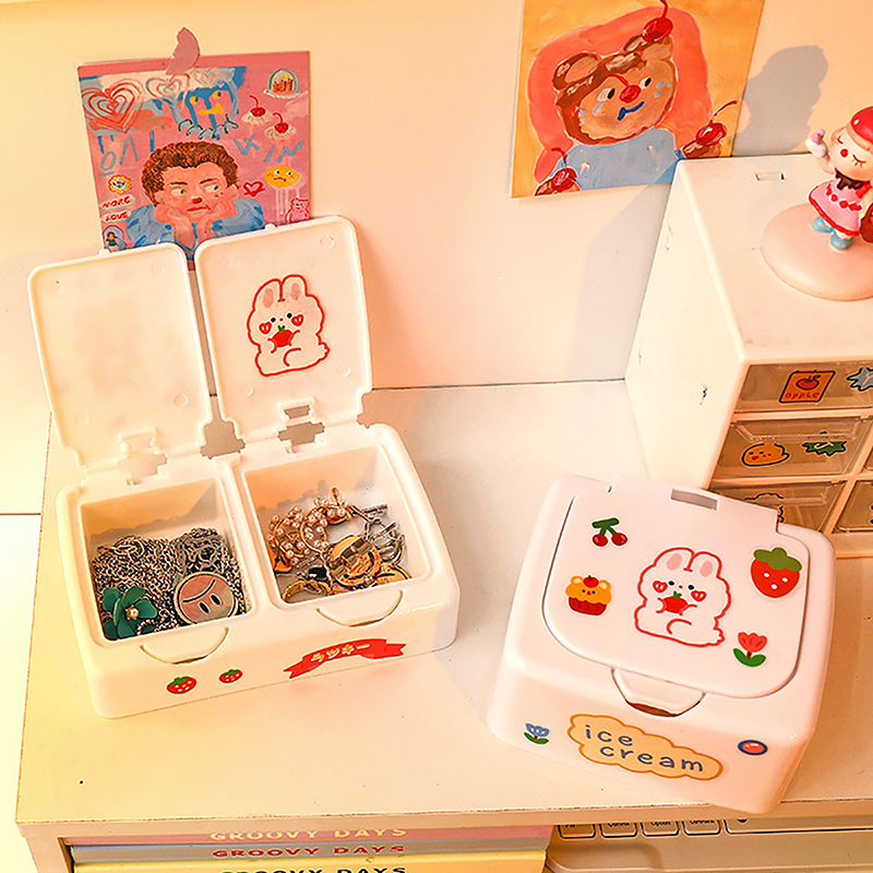 Imprensa Dos Desenhos Animados Kawaii-Open Desk Caixa Organizadora com Tampa, Cosméticos e Armazenamento de Maquiagem, Mini Recipiente De Jóias, Botão Recipiente