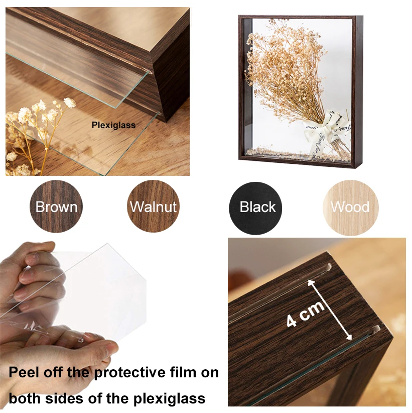 Caja de sombra transparente profunda para manualidades, caja de flores de exhibición de ramo, recuerdos de imagen 3D, mesa de madera