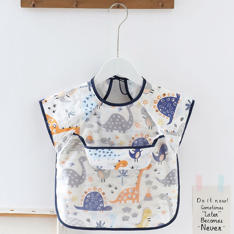 Waterproof Baby Bibs Adjustable Neckline Short Sleeve Apron Kids Feeding Smock
