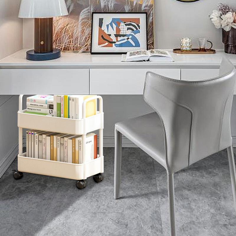Estante de pie, organizador de libros de 2 niveles, estantería móvil multifuncional, carrito, estante de almacenamiento de aperitivos, carrito de estantería portátil