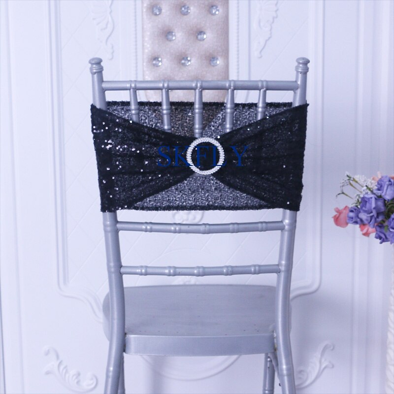 SH022F factory price many colors wedding decoration antique gold sequin chair band chair sash with buckle: black