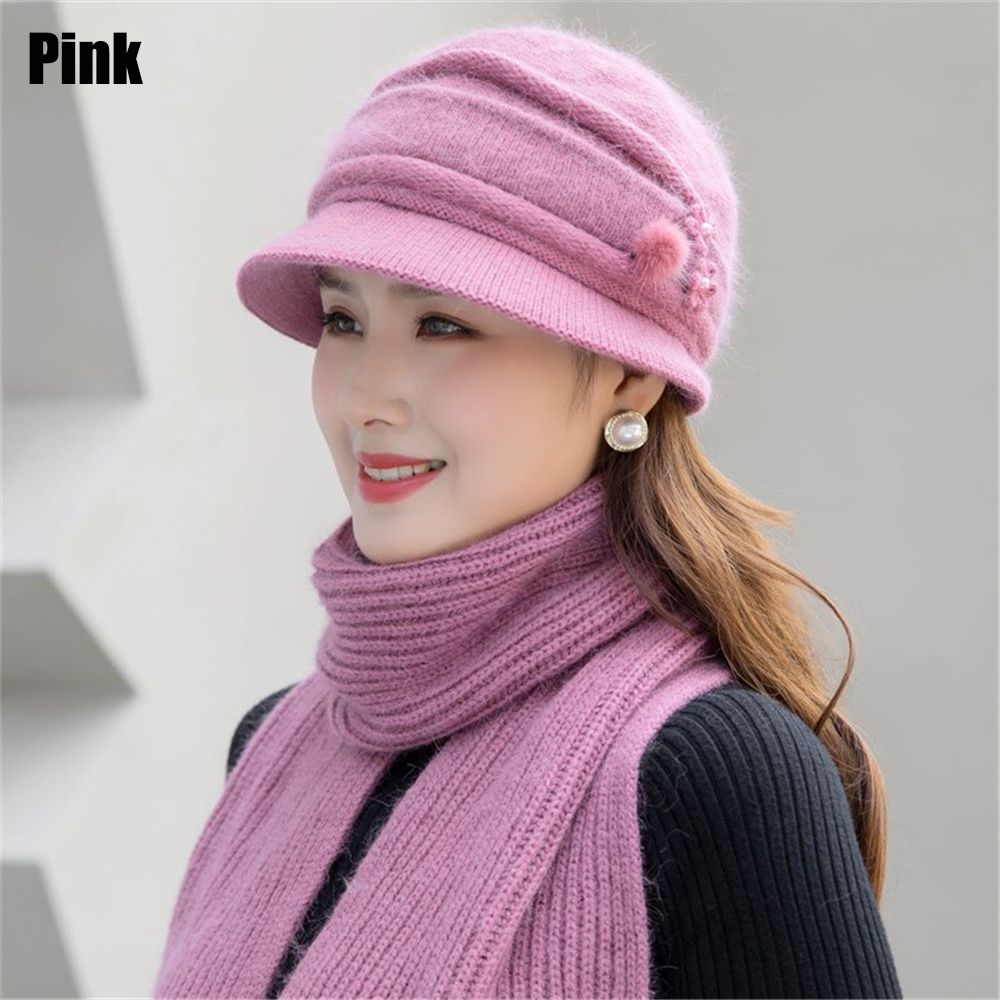 2/3pcs/Set Ladies Warm Thick Women Hat Scarf Set Knitted Beanies Caps Winter Hats Knitted Gloves Winter Hats: pink-2pcs