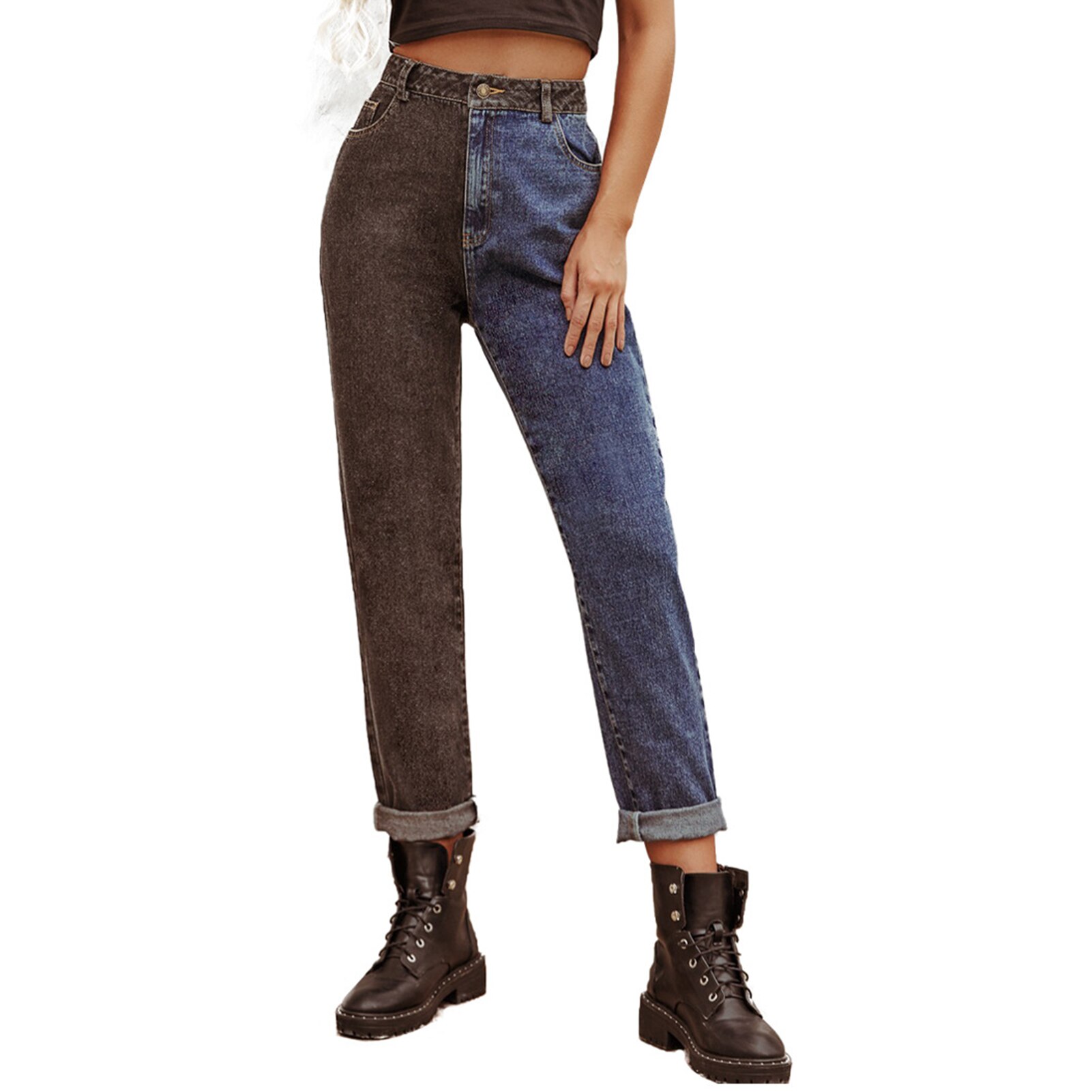 Jean Denim taille haute pour femmes, jean droit, deux tons, noir, bleu, décontracté,