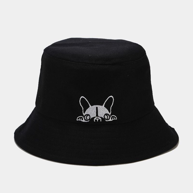 Gorro de pescador salvaje coreano, novedad de primavera-verano para mujer, sombrero de cubo con bordado de perro de dibujos animados, sombrero de Sol para pareja al aire libre: Black
